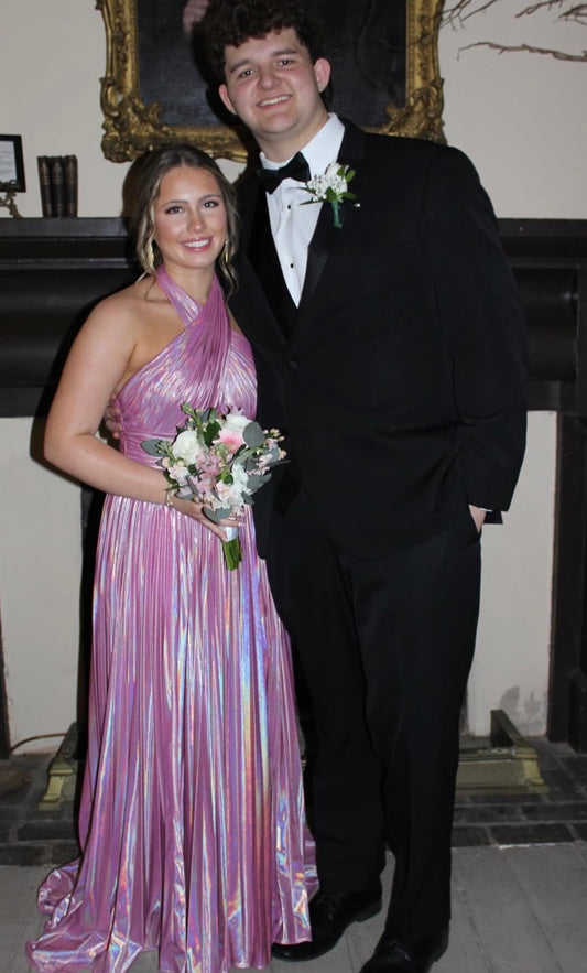 Pleated Halter A Line Pink Open Back Formal Prom Dress Dress  J9940