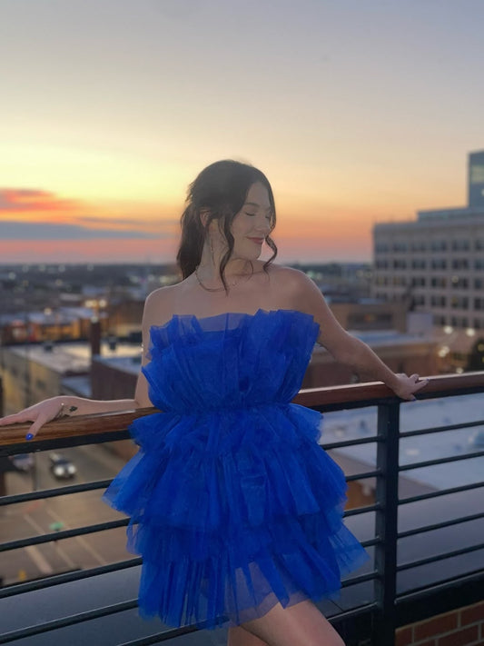 Pleated Royal Blue Tulle Homecoming Dress Short Party Dress  J11144