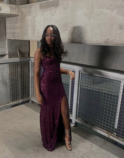Plum Sequin Mermaid Prom Gown With High Thigh Slit Strapless Formal Evening Dress  J12206