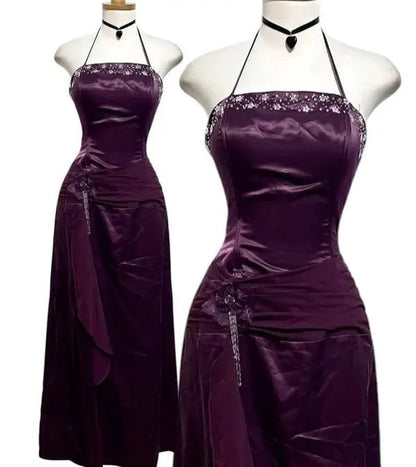 Purple Retro Beaded Halter Prom Dress Long Satin Formal Evening Dress  J10063