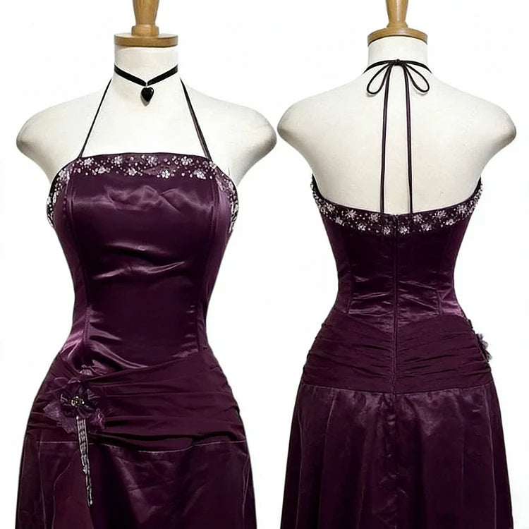 Purple Retro Beaded Halter Prom Dress Long Satin Formal Evening Dress  J10063
