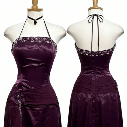 Purple Retro Beaded Halter Prom Dress Long Satin Formal Evening Dress  J10063