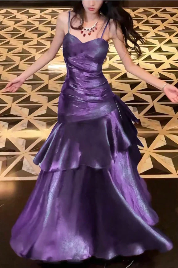 Purple Ruffle Prom Dresses Spaghetti Straps Dance Party Dress  J9656