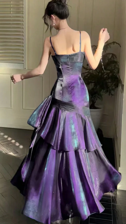 Purple Ruffle Prom Dresses Spaghetti Straps Dance Party Dress  J9656