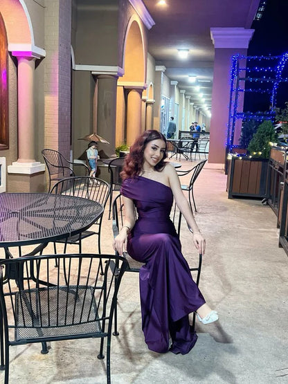 Purple Sheath Satin Long Prom Dress Wedding Guest Dress J9997