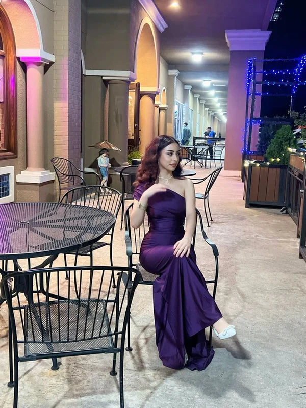 Purple Sheath Satin Long Prom Dress Wedding Guest Dress J9997