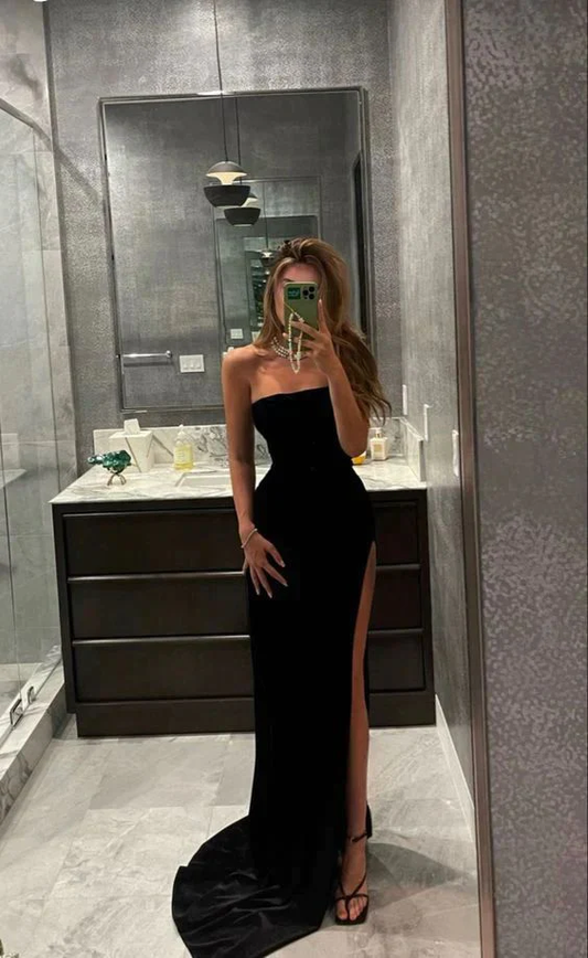 Strapless Velvet Long Prom Dress with High Slit Formal  Evening Dress 501