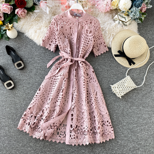 Stand Collar Long Sleeve Crochet Hollow Lace Dress Elegant Long Skirt 850