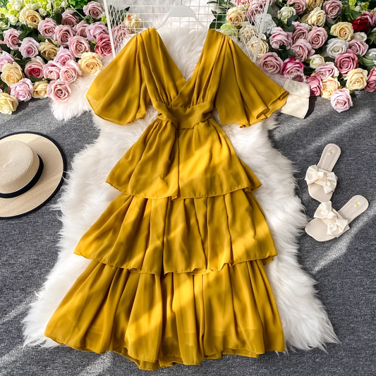 Chiffon Sexy V-Neck Dress Backless Fairy Ruffle Cake Long Dress 853