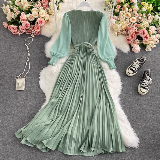 High Waist Round Neck Dress Spring and Autumn New Big Swing Pleated Long Skirt 860