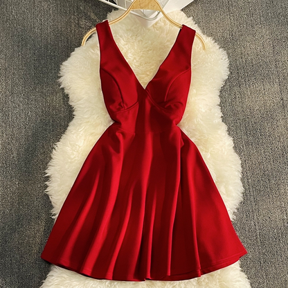 V-neck High Waist Skirt Open Back A-line Skirt Sleeveless Dress 870