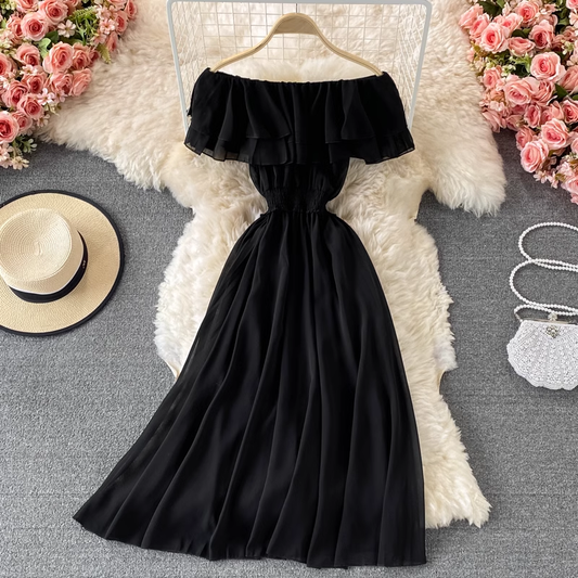 Off The Shoulder Long Skirt Sexy Ruffled Chiffon Dress 873