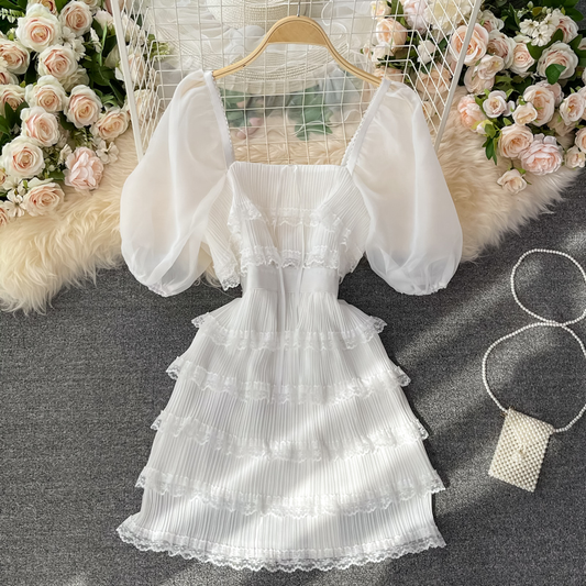 Summer New French White Square Neck Cake Dress 876