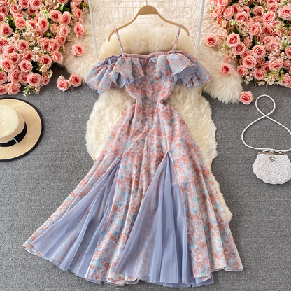 Mesh Off-the-shoulder Dress with Large Swing Summer Floral Dress 877