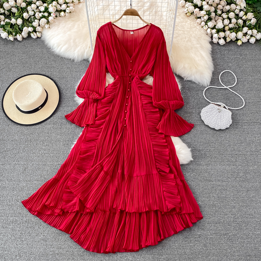 High Waist V Neck Dress Long Sleeves Swing Long Dress  882