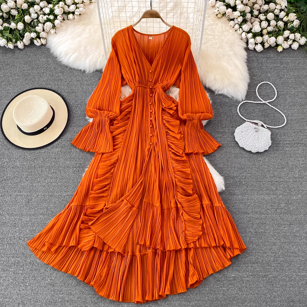 High Waist V Neck Dress Long Sleeves Swing Long Dress  882