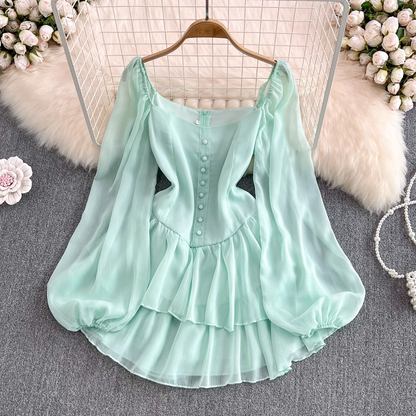 Square Neck Chiffon Dress Puff Sleeve Princess Cake Dress 884