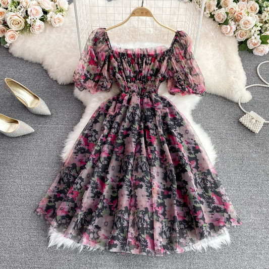 French Square Collar Floral Dress Summer Retro Sweet Skirt 885