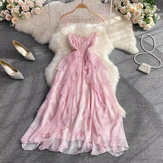 Pink Floral Thin Shoulder Strap Dress Summer French A-Line Ruffled Dress 887