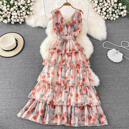 Summer Floral Dress French Fairy Sweet A-Line Chiffon Dress 888