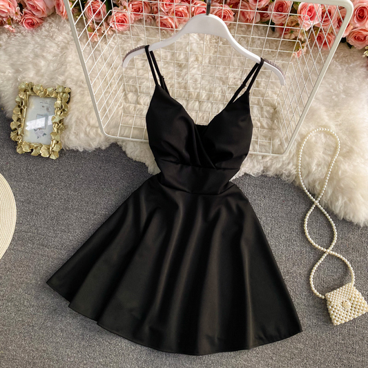 Summer High Waist Spaghetti Strap Skirt V Neck Backless Dress 890