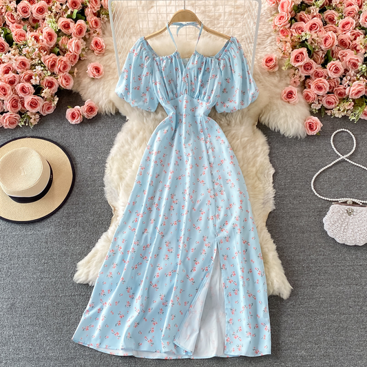 Summer French Retro Floral Dress Square Neck Slit Dress 891