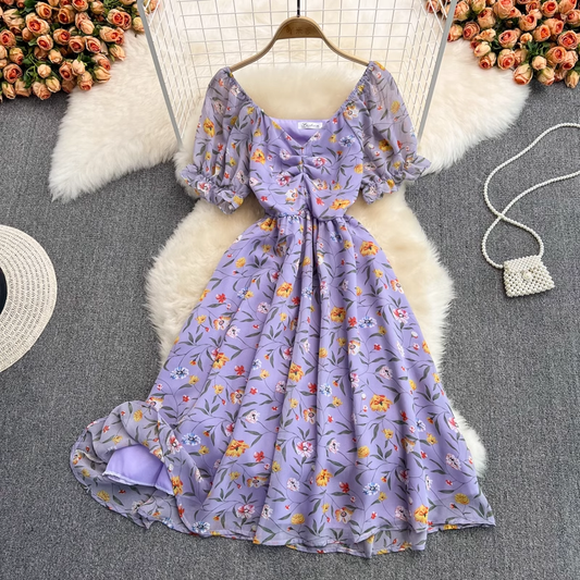 Summer Mid-length V-neck Chiffon Dress Fairy Floral Skirt 893