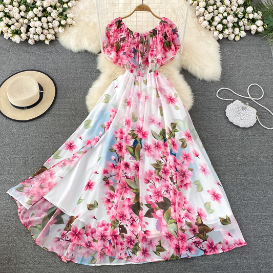 Summer Ruffled Off Shoulder Flower Printed Dress with Slit Chiffon Dress 896