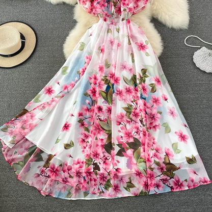 Summer Ruffled Off Shoulder Flower Printed Dress with Slit Chiffon Dress 896