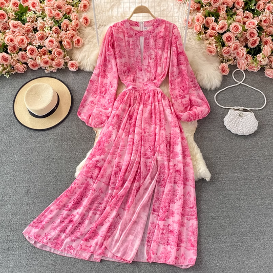 Fairy Round Neck Slit Dress French Vintage Printed Chiffon Long Dress 900