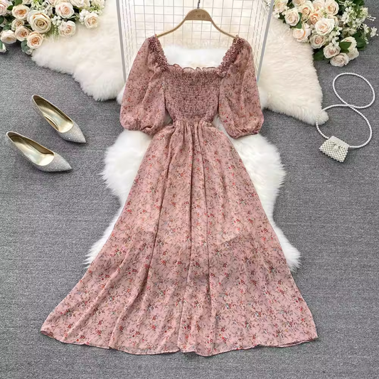 Square Neck Floral Chiffon Skirt Summer A-line Dress 903