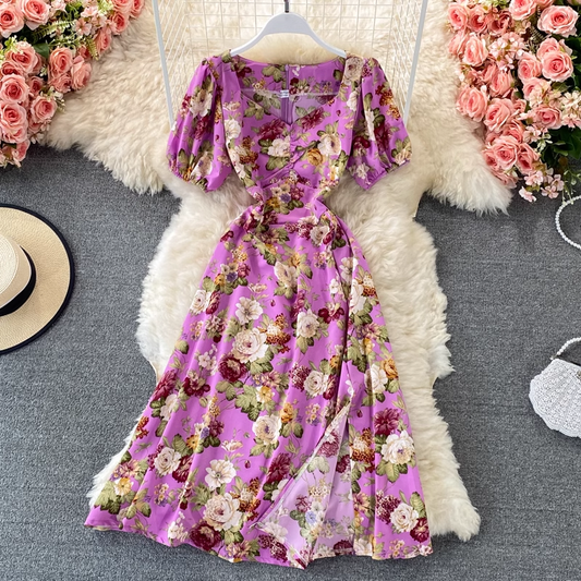 Summer Retro V-neck Floral Dress Puff Sleeves Slit Mid-length A-line Skirt 906