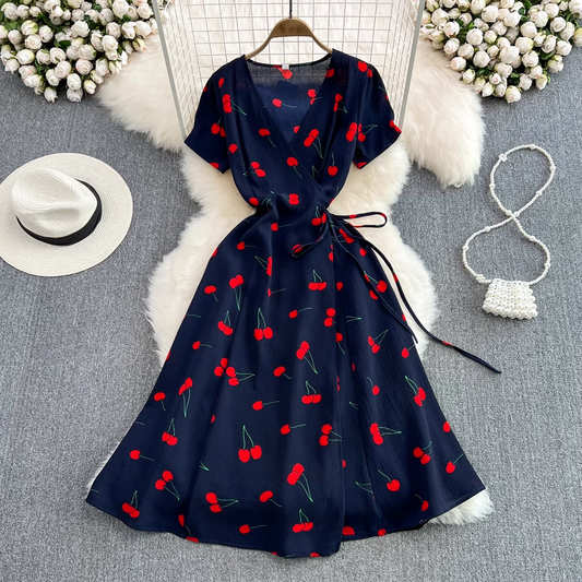 Cherry Print V-neck Dress Short-sleeved Summer French A-line Dress 907