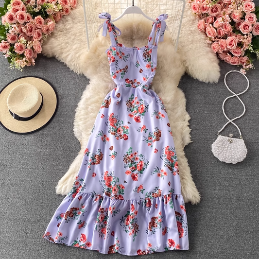 Summer Bowknot Floral Dress Mid-length Ruffles Dress 910