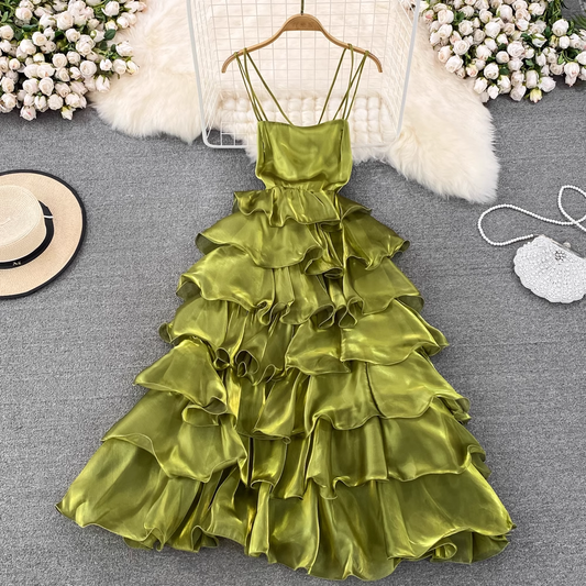 Fairy Spaghetti Strap Dress Retro A-line Ruffle Cake Dress Summer  913