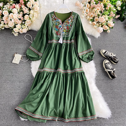 Vintage Embroidery V Neck Tassel Dress Long Sleeve Fashion Long Dress 914