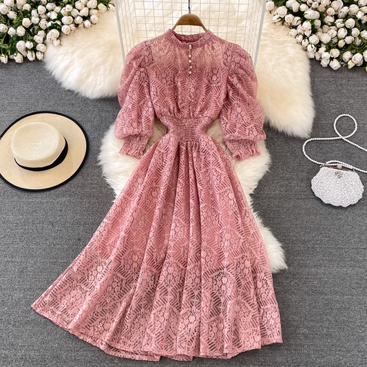 Stand Collar Puff Sleeve Lace Dress Summer Bohemian Long Skirt 915