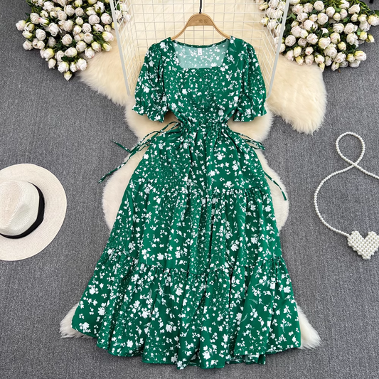 Square Collar Bubble Short-sleeved A-line Floral Dress French Retro Long Skirt 922