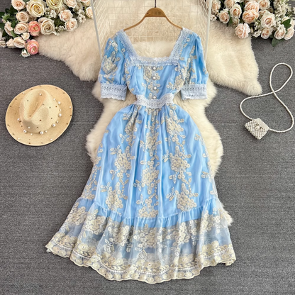 Short sleeves Square Neck Mesh Skirt Embroidery A line Dress Elegant Princess Dress 934