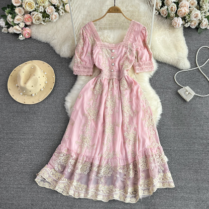 Short sleeves Square Neck Mesh Skirt Embroidery A line Dress Elegant Princess Dress 934