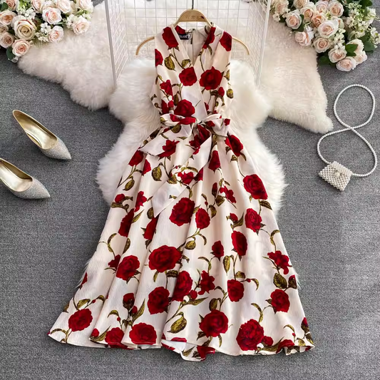 Vintage Print V-neck Mid-length Dress 935