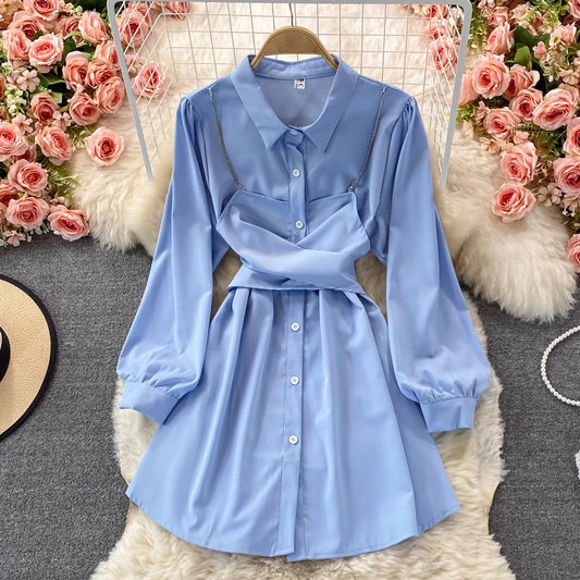 Women's Autumn Shirt Dress Long Sleeve Lapel Dress 937