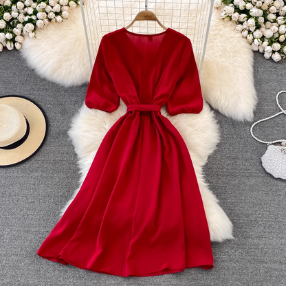 Summer Retro V-neck Long Skirt High Waist Long-sleeved Dress 942