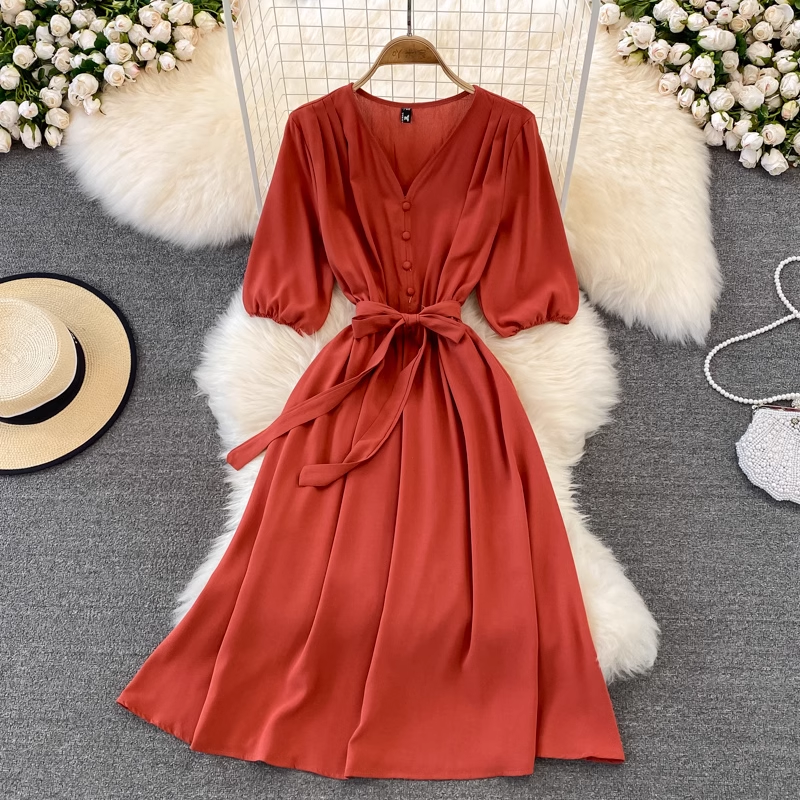 Summer Retro V-neck Long Skirt High Waist Long-sleeved Dress 942