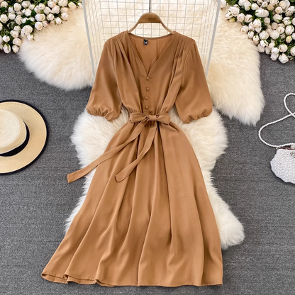 Summer Retro V-neck Long Skirt High Waist Long-sleeved Dress 942