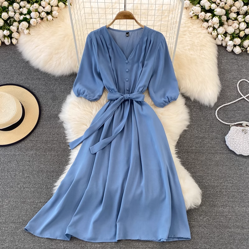 Summer Retro V-neck Long Skirt High Waist Long-sleeved Dress 942