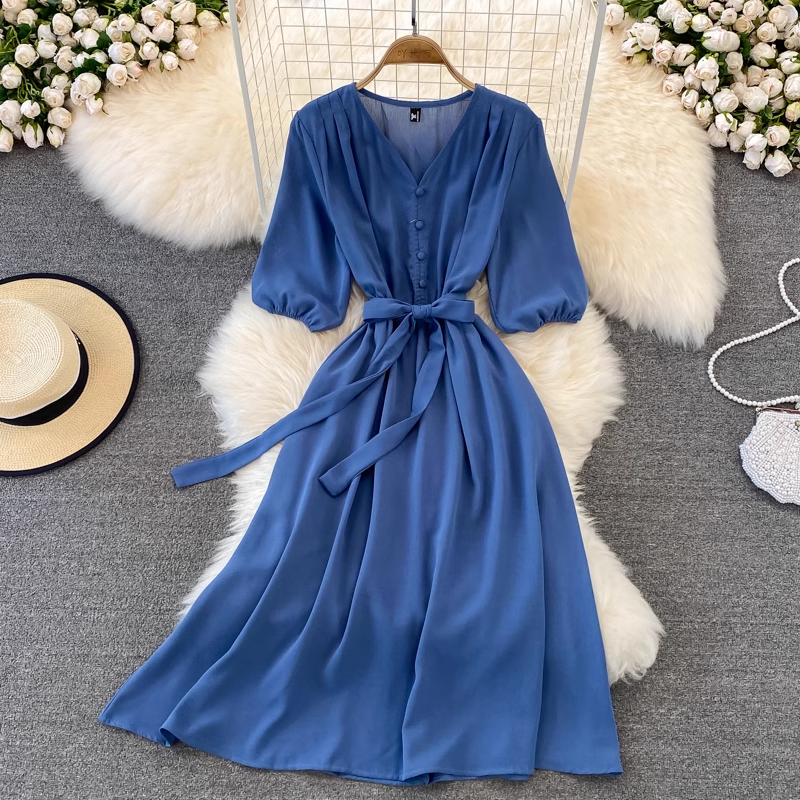 Summer Retro V-neck Long Skirt High Waist Long-sleeved Dress 942