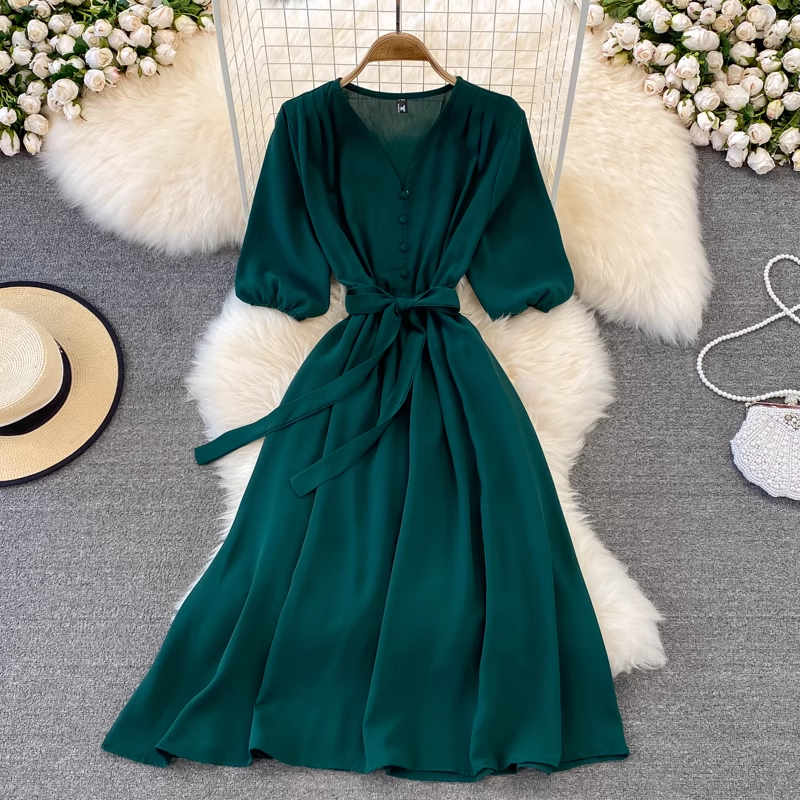 Summer Retro V-neck Long Skirt High Waist Long-sleeved Dress 942