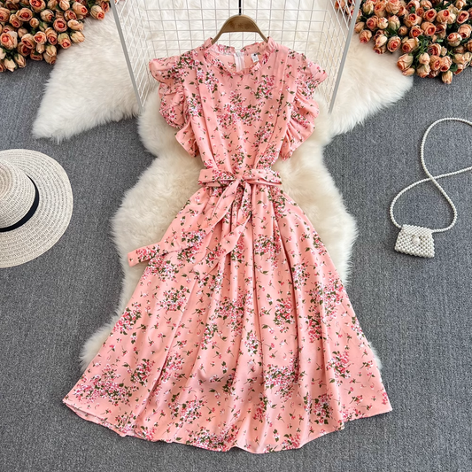 Summer Sweet Thin Floral Chiffon Ruffle Sleeve Dress 944