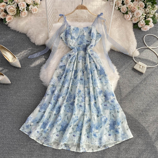 French Floral Chiffon Spaghetti Strap Fairy A-line Dress 945